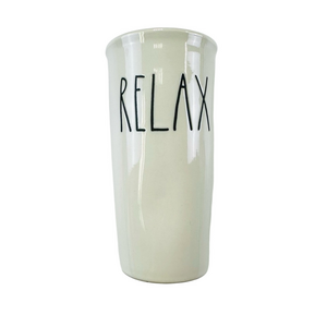 Rae Dunn Relax ceramic beverage tumbler with lid